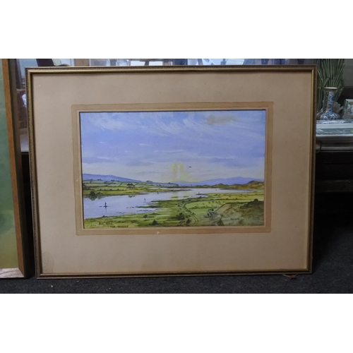 717 - A framed watercolour 'The Bann' signed E D Lake and a vintage floral framed print.