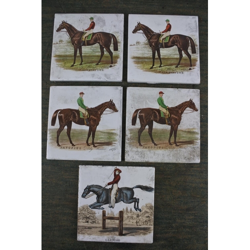 722 - A set of five vintage H & R Johnston equestrian tiles.