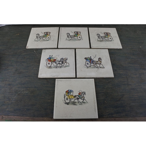 723 - A set of six vintage horse and carriage tiles.