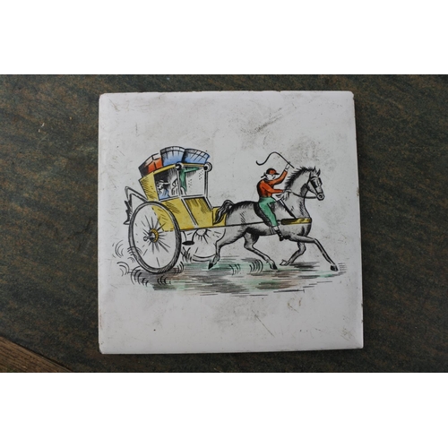 724 - A set of eleven vintage H & R Johnston horse and carriage tiles.