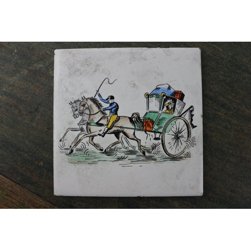 724 - A set of eleven vintage H & R Johnston horse and carriage tiles.