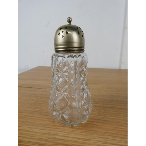 753 - An EPNS lidded glass sugar shaker and container.