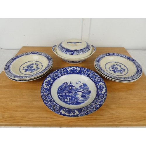 760 - A set of six antique blue and white soup bowls and more.