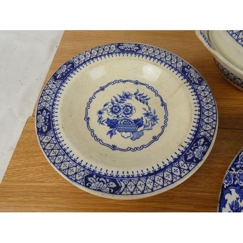 760 - A set of six antique blue and white soup bowls and more.