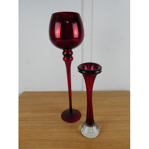 810 - A vintage ruby glass vase with clear base and two others.