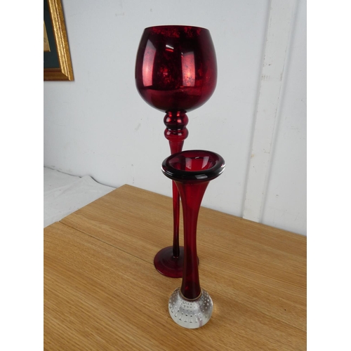 810 - A vintage ruby glass vase with clear base and two others.