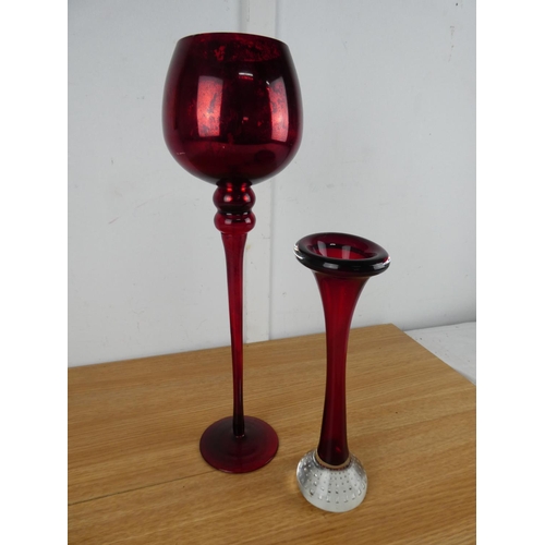 810 - A vintage ruby glass vase with clear base and two others.