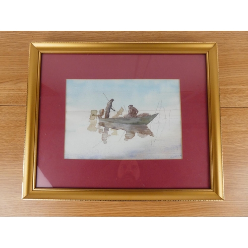 812 - An unsigned watercolour of fishermen, measuring 16cm x 24cm.