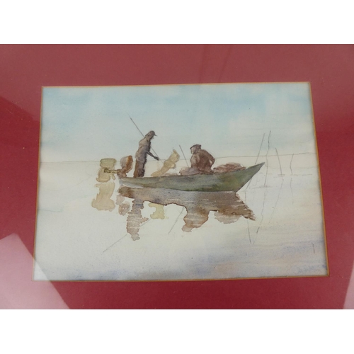 812 - An unsigned watercolour of fishermen, measuring 16cm x 24cm.