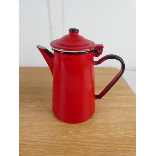 839 - A vintage red enamel coffee pot and two others.