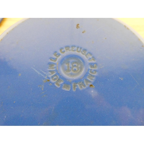 848 - A Le Creuset blue lidded casserole dish. (handle a/f)