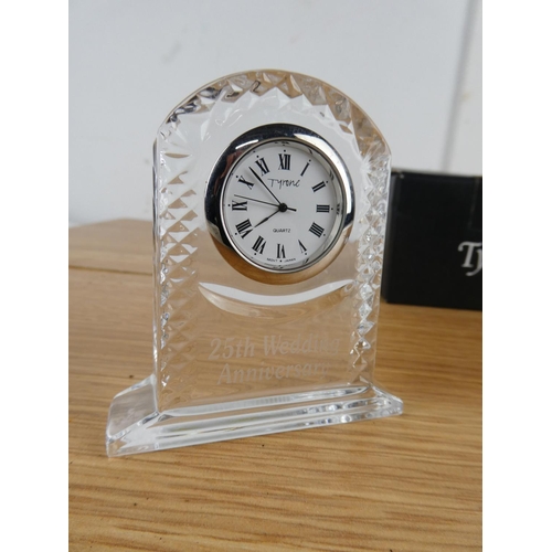 893 - A Tyrone crystal '25th Anniversary' mantle clock boxed.