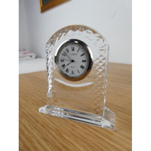 893 - A Tyrone crystal '25th Anniversary' mantle clock boxed.