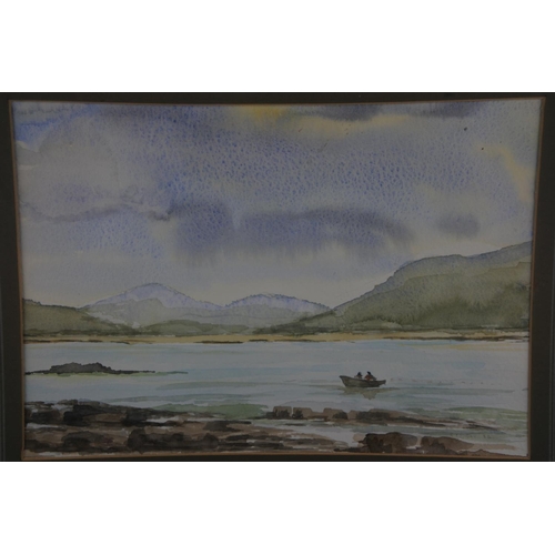 990 - A framed watercolour of a lake scene, measuring 19cm x 28cm.