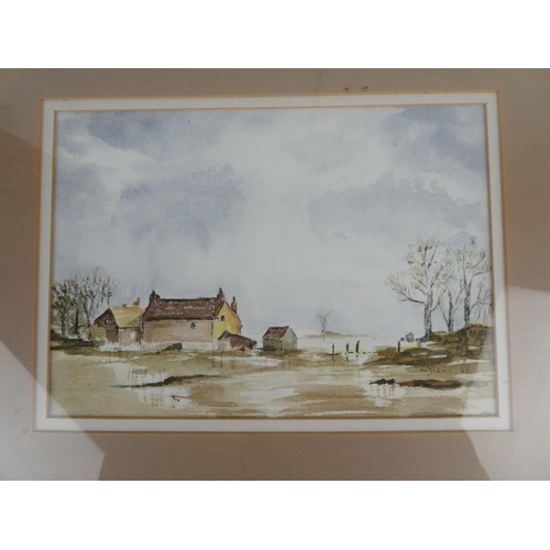 1005 - A framed watercolour of a homestead unsigned, measuring 19cm x 27cm.