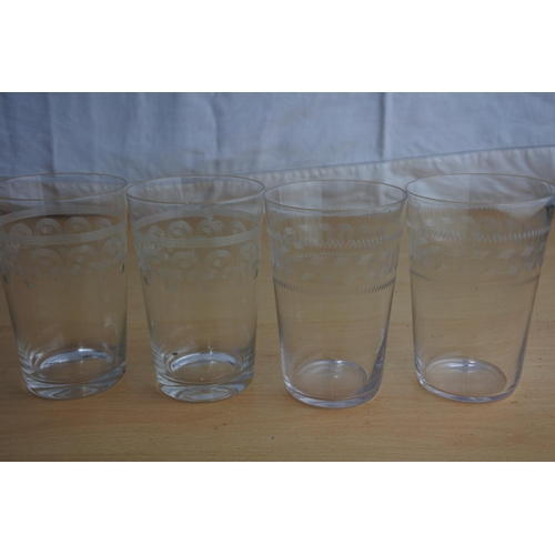 106 - Four antique etched and three ruby glasses.