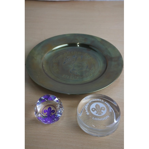 153 - A brass plate 'The Year of the Scouts 1907 - 1982 and two glass paperweights.