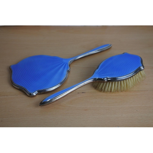 242 - A stunning antique silver plated guilloche enamel dressing table mirror and brush set.