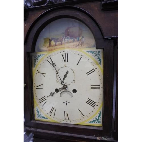 247 - An antique grandfather clock with painted dial showing a harvest scene.