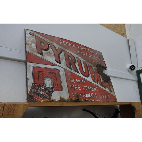 395 - A large vintage enamel advertising sign for Sankey's Pyruma, measuring 77cm x 51cm.