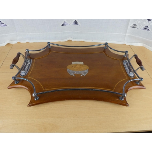 504 - A stunning two handled tray with inlay detail and engraved presentation plaque.