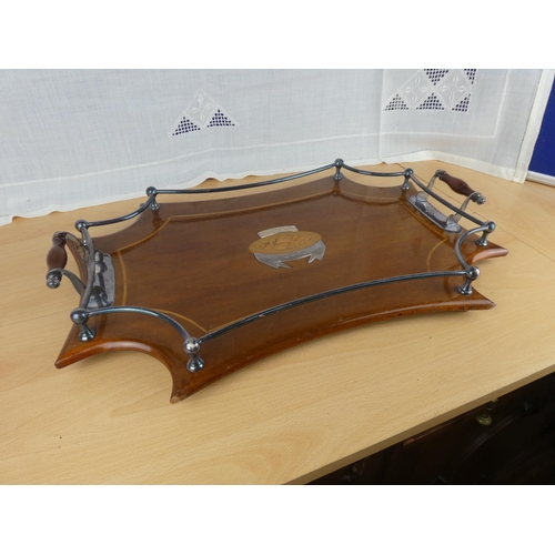 504 - A stunning two handled tray with inlay detail and engraved presentation plaque.