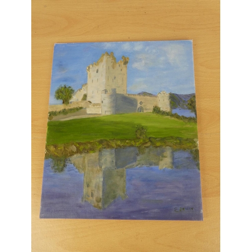 544 - An unframed oil painting 'Ross Castle, Killarney' signed G Devlin.