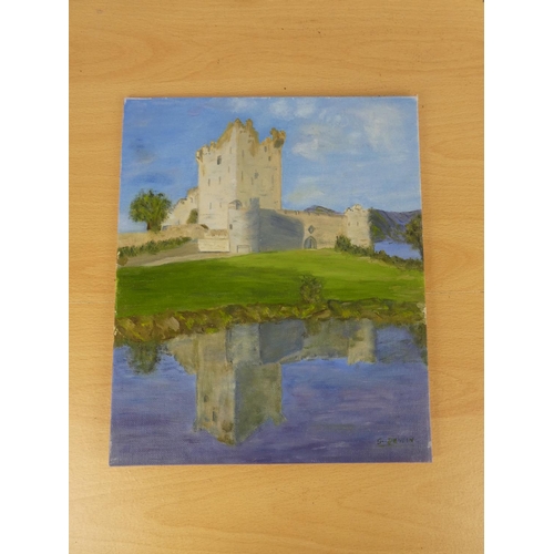 544 - An unframed oil painting 'Ross Castle, Killarney' signed G Devlin.