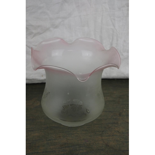 706 - An etched glass oil lamp shade.