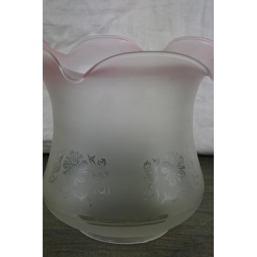 706 - An etched glass oil lamp shade.