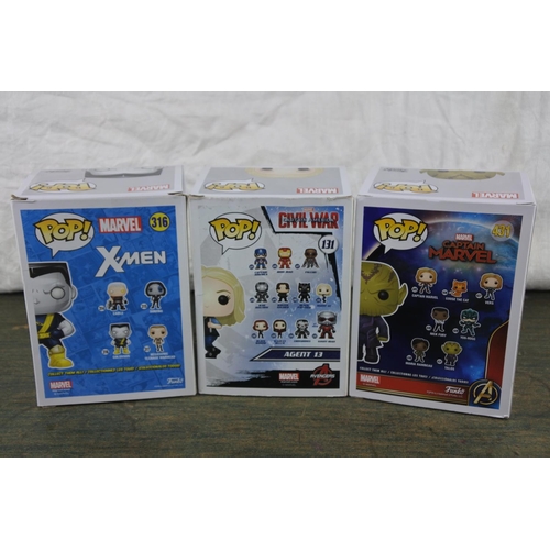 768 - Three boxed Marvel Pop Games characters 'Colossus, Agent 13 and Talos'.