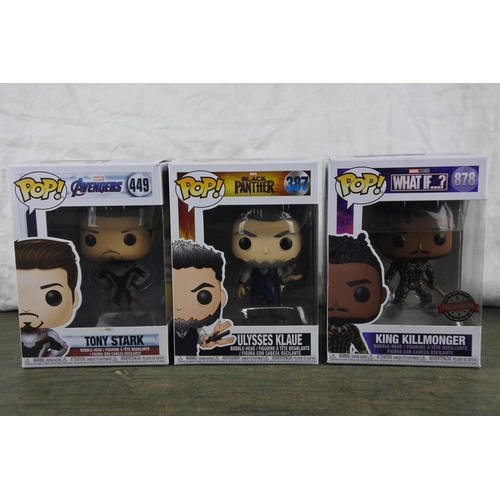 771 - Three boxed Marvel Pop Games characters 'Tony Stark, Ulysses Klaue and King Killmonger'.