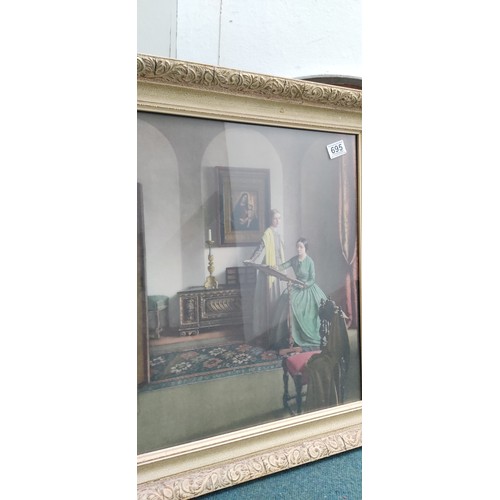 695 - An antique framed print, 'The Sampler'.