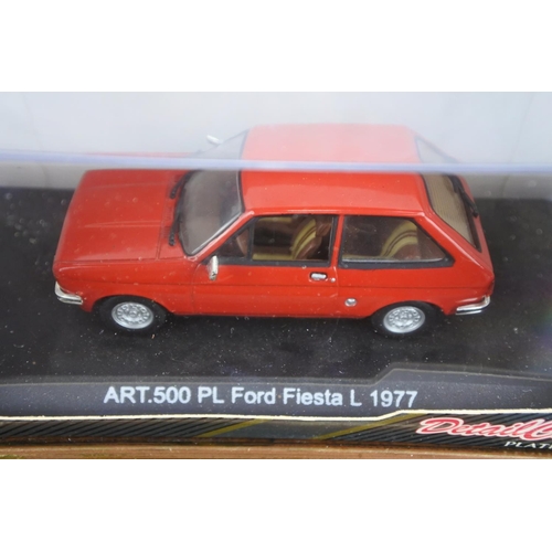 96 - Two boxed Detail Cars Platinum Art 500 Ford Fiesta L 1977 and Art 483 Volkswagen Golf 1 Racing.