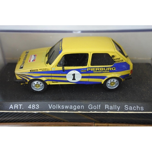 96 - Two boxed Detail Cars Platinum Art 500 Ford Fiesta L 1977 and Art 483 Volkswagen Golf 1 Racing.