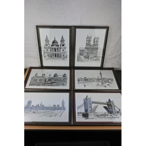 83 - A set of six framed etching prints by Bernard Smith. Approx 24x34cm.