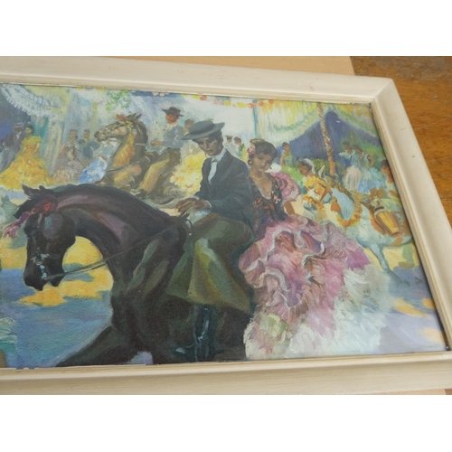 135 - A framed Spanish style print. Approx 24x75cm.