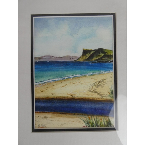 149 - Two framed watercolours of the North Coast signed E Mac. Approx 17x12cm.