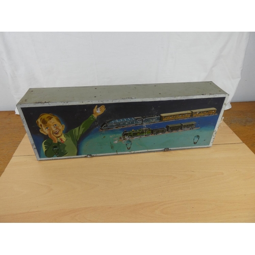 173 - A stunning vintage child's metal Hornby Trainset storage box. Approx 19x54x10cm.