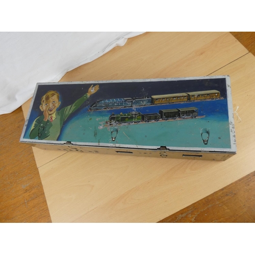 173 - A stunning vintage child's metal Hornby Trainset storage box. Approx 19x54x10cm.