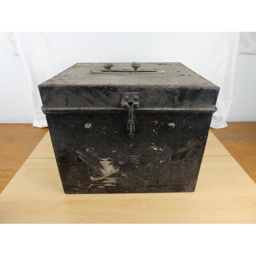 196 - An antique metal deed/ballot box. Approx 30x38x33cm.