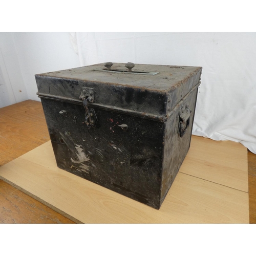 196 - An antique metal deed/ballot box. Approx 30x38x33cm.