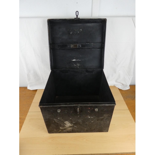 196 - An antique metal deed/ballot box. Approx 30x38x33cm.