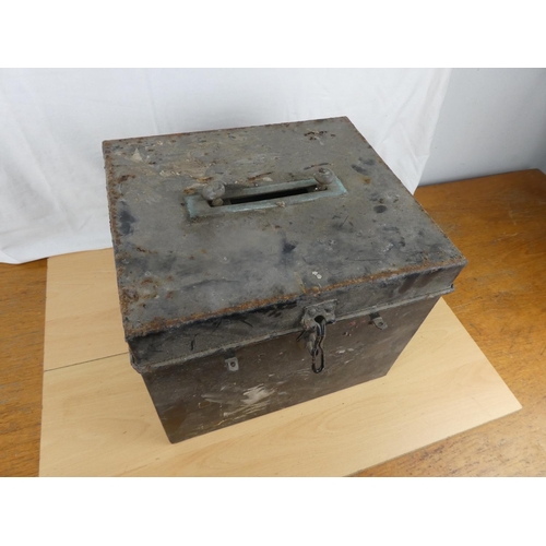 196 - An antique metal deed/ballot box. Approx 30x38x33cm.