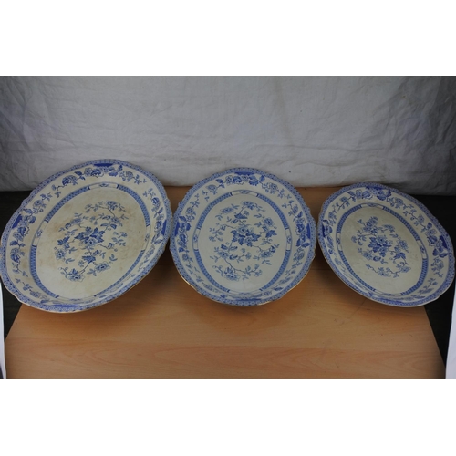 496 - Three antique blue and white platters.