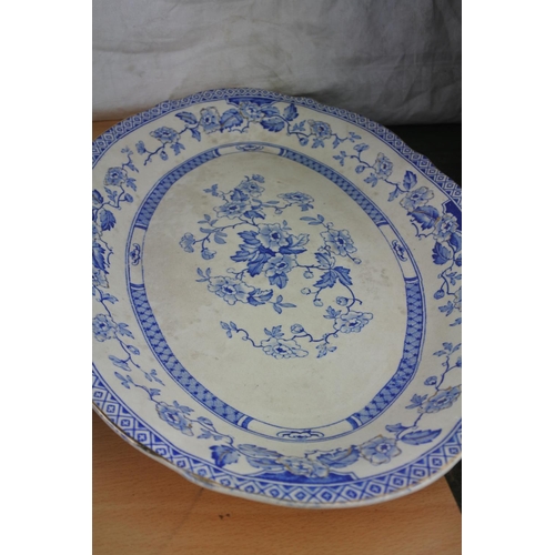 496 - Three antique blue and white platters.