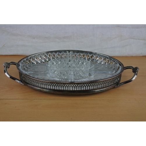 614 - A stunning silver plated serving tray with glass dishes.