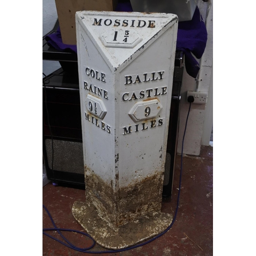 A stunning and rare Victorian cast iron milestone marker for Coleraine, Mosside, Ballycastle. Measuring 116cm tall.