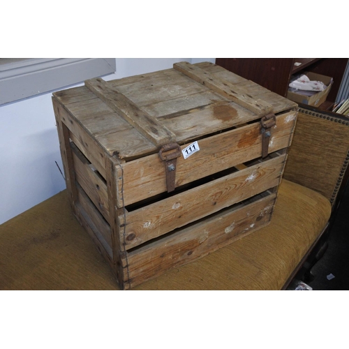 111 - A vintage wooden storage crate. Approx 38x48x36cm.