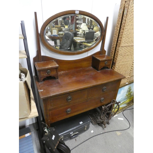 600 - An antique mahogany and inlay dressing table. Approx 106x158x58cm (including mirror)